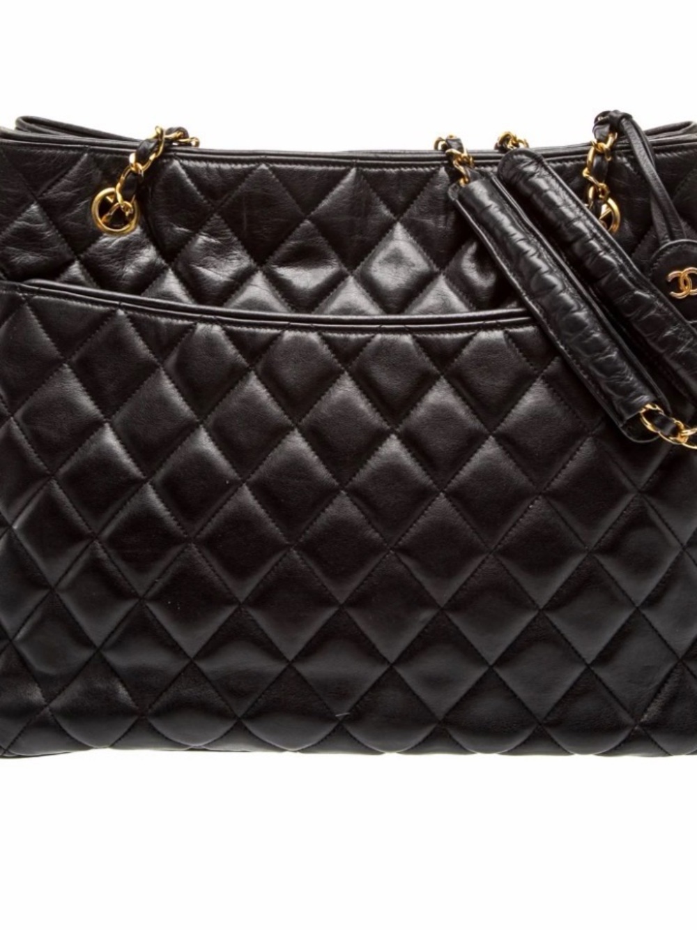 CHANEL Black Quilted Leather Shoulder Tote with Gold Chain Trim